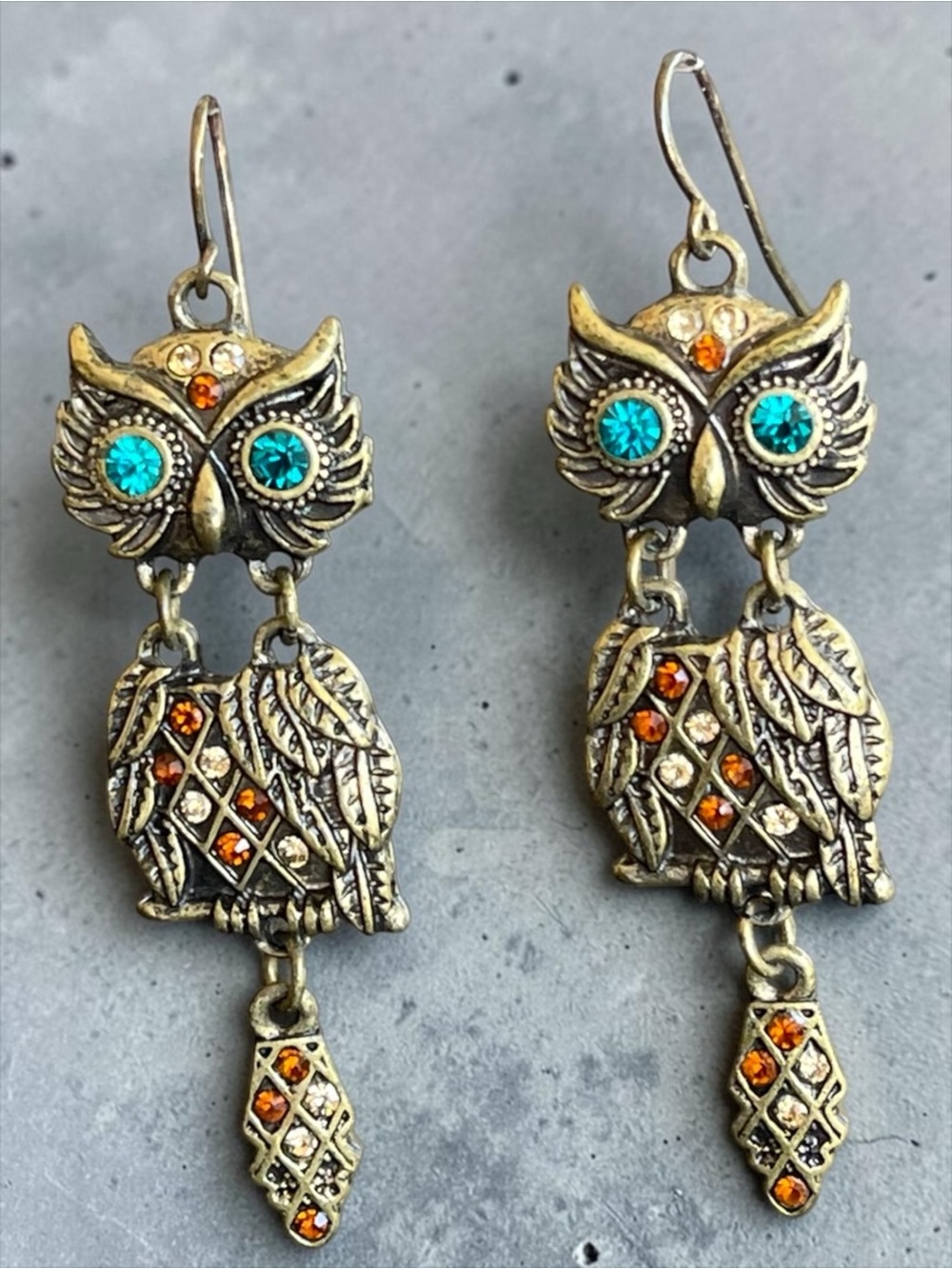 Bronze Tone Articulating Owl Drop Earrings Turquoise & Amber Crystal